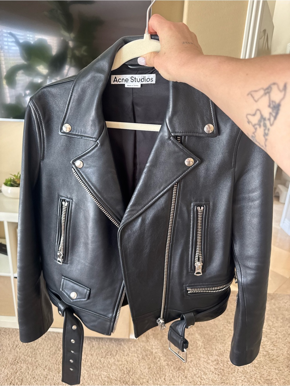 Acne Studios Black Leather Biker Jacket with Silver Hardware